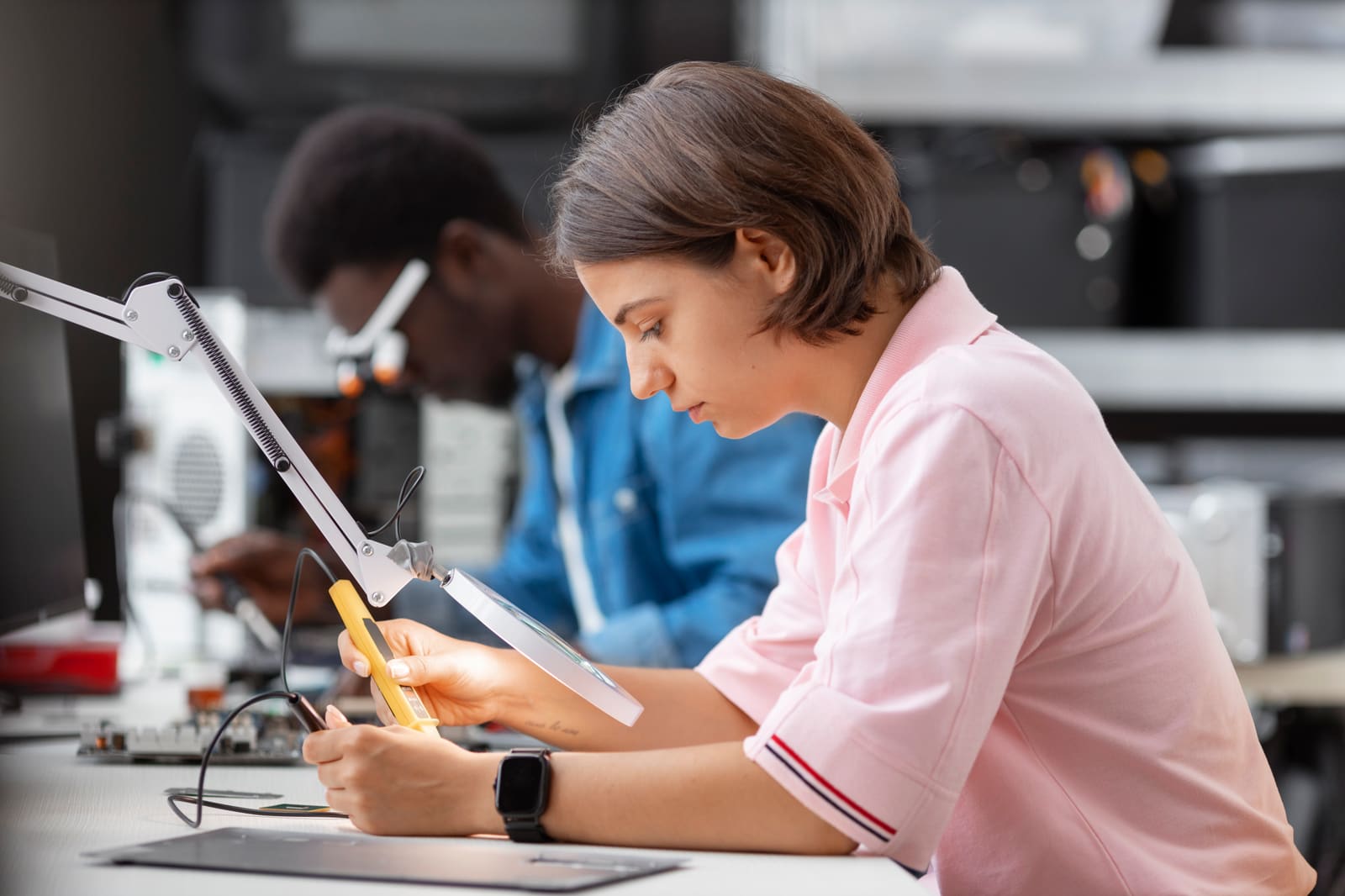 A career and technical education teacher guiding students in a hands-on workshop
