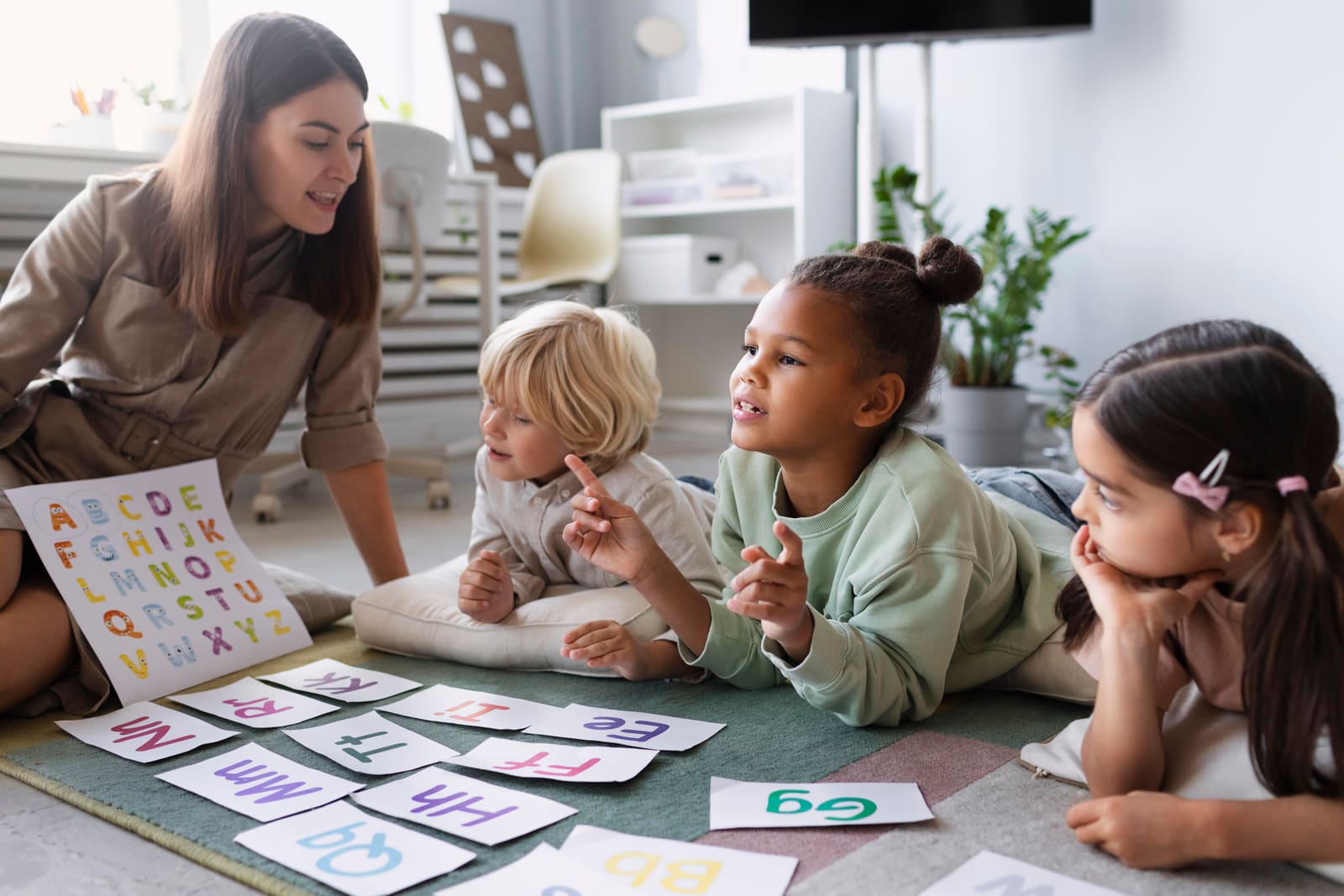 A preschool teacher guiding young children through a learning activity
