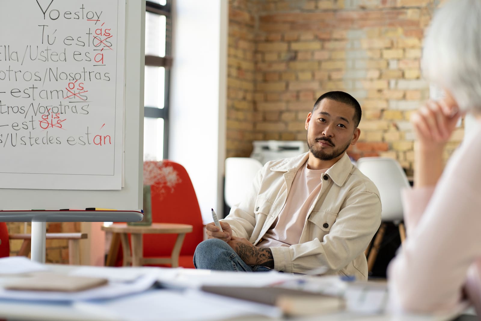 An ESL teacher working with adult learners on English language skills